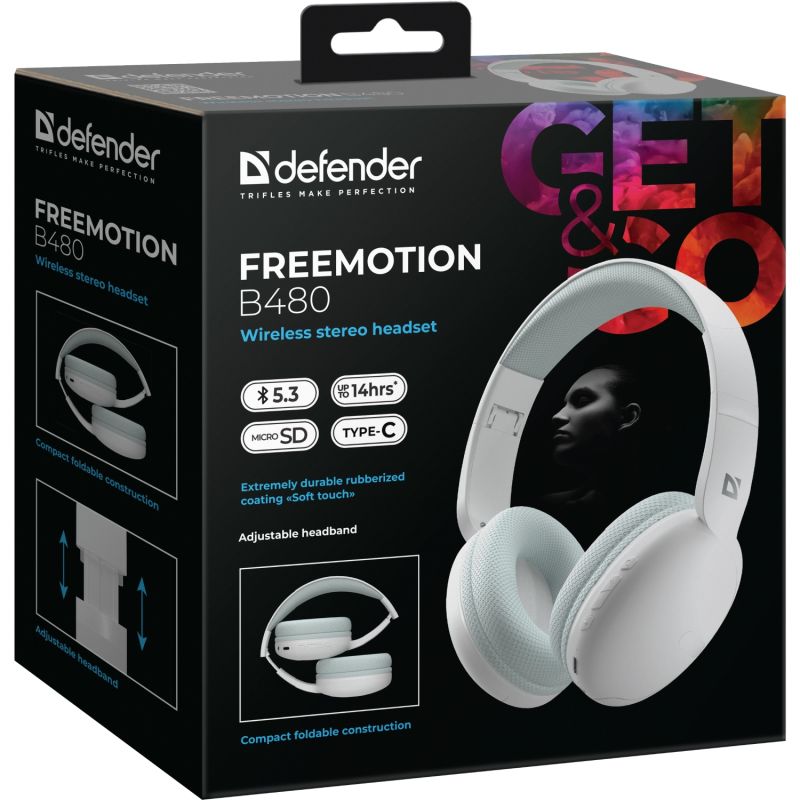 Гарнітура Defender FreeMotion B480 Bluetooth+3,5мм+USB-C, White (63481)