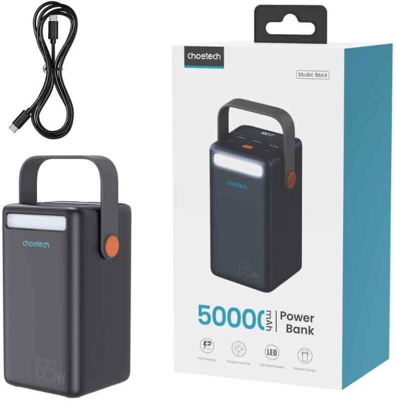 УМБ Choetech 50000mAh 65W PD3.0  USB-C, QC3.0, 3хUSB-A 18W, mirco USB, Li-pol LED Light, чорна (B664-CCBE)