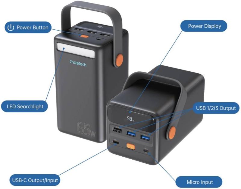 УМБ Choetech 50000mAh 65W PD3.0  USB-C, QC3.0, 3хUSB-A 18W, mirco USB, Li-pol LED Light, чорна (B664-CCBE)