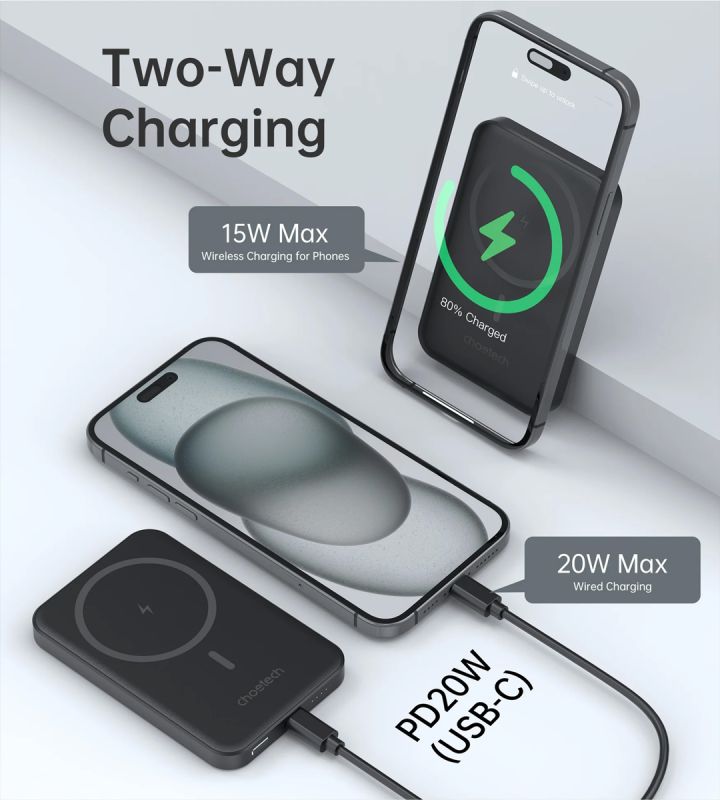 УМБ Choetech Magnetic Wireless 5000mAh 20W PD Qi-15W USB-C In/Out, тонкий, Black (B709-CCBK)