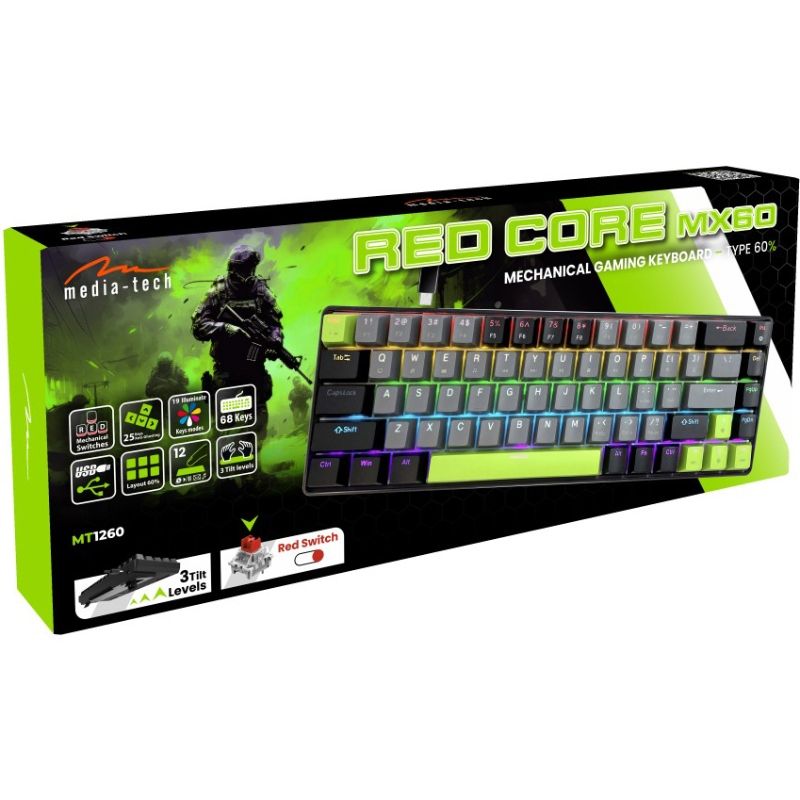 Клавіатура ігрова механічна Media-Tech MT1260 RED CORE MX60, Anti-Ghosting, 68кл, PC/Mac (MT1260)