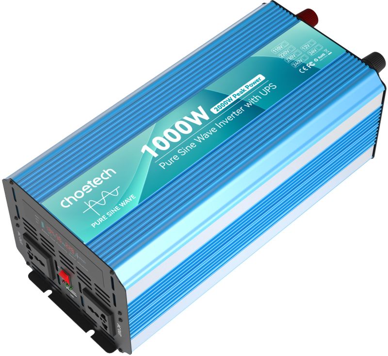Інвертор Choetech з зарядкою, функція ДБЖ 12220V 1000Вт, LiFePO₄/Li-ion/AGM/GEL, чиста синусоїда (INV-C1000WUPS-EU)