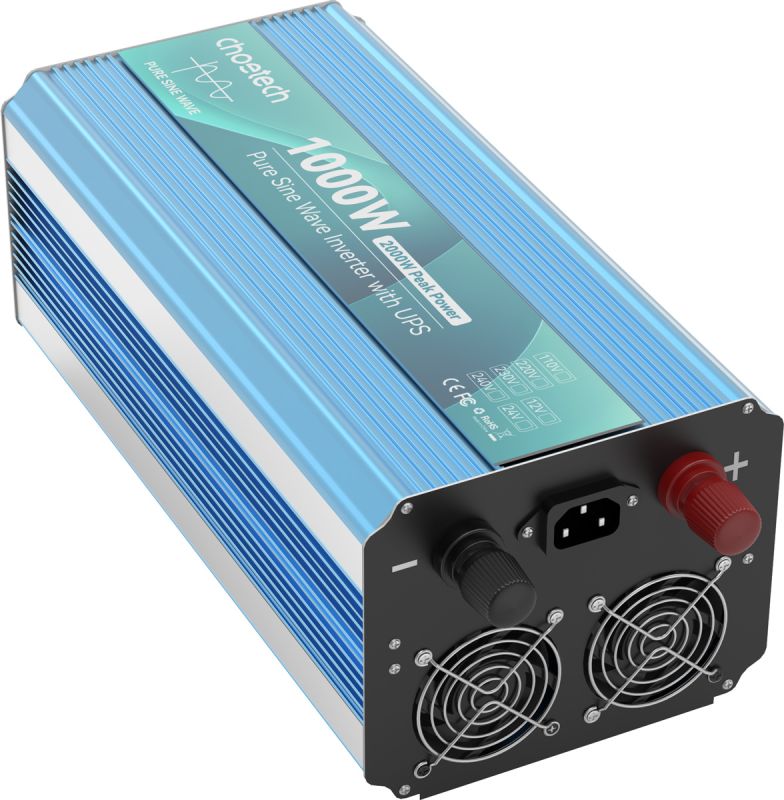Інвертор Choetech з зарядкою, функція ДБЖ 12220V 1000Вт, LiFePO₄/Li-ion/AGM/GEL, чиста синусоїда (INV-C1000WUPS-EU)
