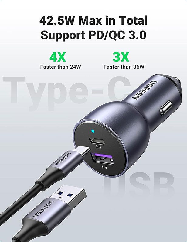Автозарядка 2xUSB 36W (USB-C+USB-A) QC 3.0+ Косм. Сіра (CD213) UGREEN (60980)