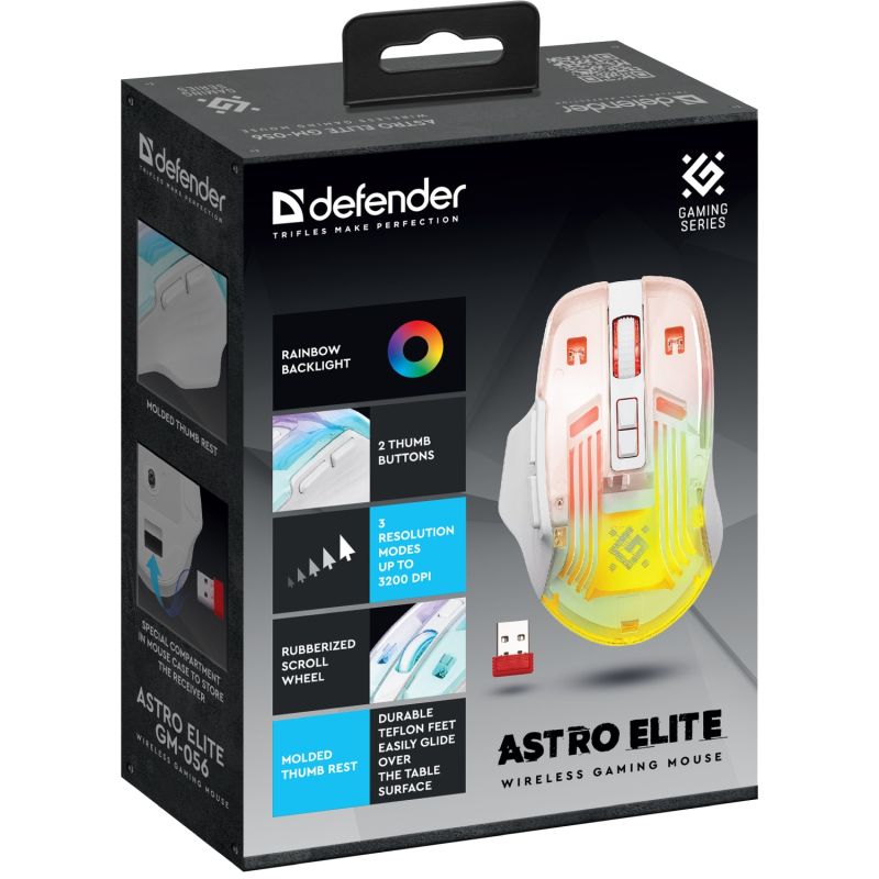Мишка Defender Astro Elite GM-056, бездротова, ігрова, 3200dpi., 7кн., 500 mAh, біла (52056)