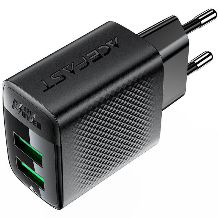 Зарядний пристрій 2xUSB 12W (2xUSB-A) A86 Black Acefast (6974316283270)