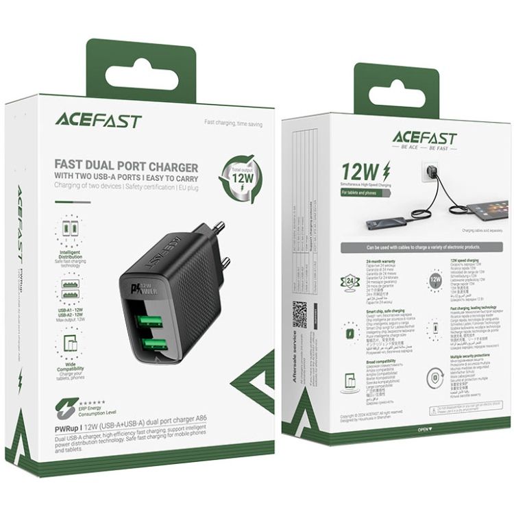 Зарядний пристрій 2xUSB 12W (2xUSB-A) A86 Black Acefast (6974316283270)