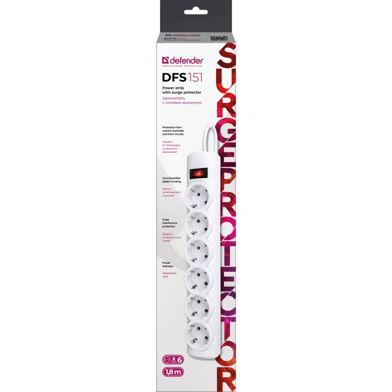 Power filtr 1.8м Defender DFS151, 6 розеток, білий (994890)