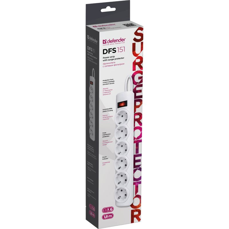 Power filtr 1.8м Defender DFS151, 6 розеток, білий (994890)