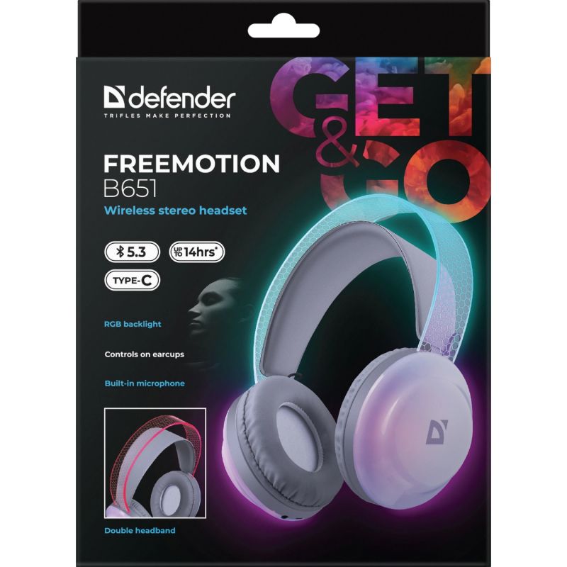Гарнітура Defender FreeMotion B651 Bluetooth+3,5мм+USB-C, RGB White (63651)