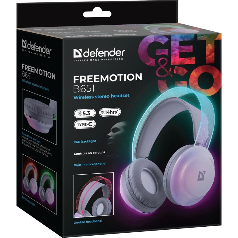 Гарнітура Defender FreeMotion B651 Bluetooth+3,5мм+USB-C, RGB White (63651)