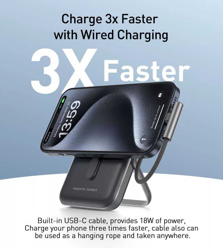 УМБ Choetech Magnetic Wireless 10000mAh 20W PD USB-C In/Out,Qi-15W,build-in cabel  Black (B735-CCBK)