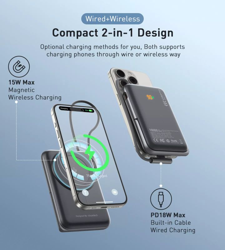 УМБ Choetech Magnetic Wireless 10000mAh 20W PD USB-C In/Out,Qi-15W,build-in cabel  Black (B735-CCBK)