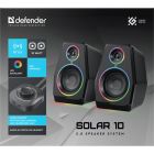 Акустична система 2.0 Defender Solar 10, 10Вт, Bluetooth, RGB підсвітка, USB, чорна (65940)
