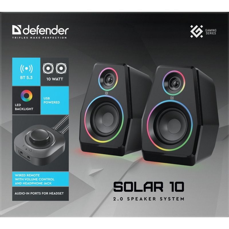 Акустична система 2.0 Defender Solar 10, 10Вт, Bluetooth, RGB підсвітка, USB, чорна (65940)