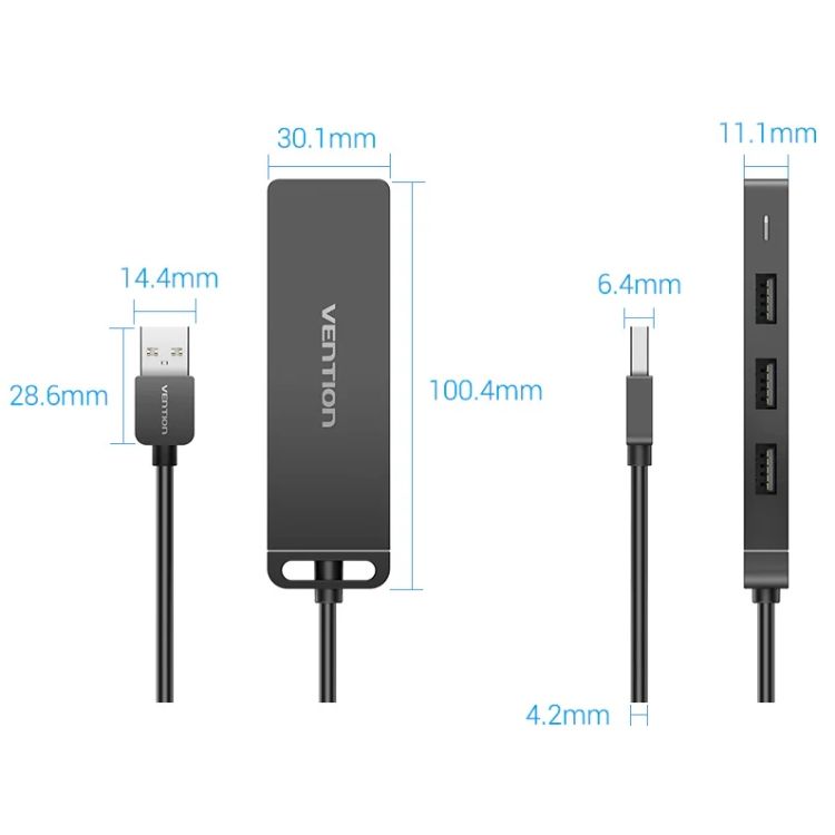 Хаб USB 2.0 -> 4xUSB 2.0, 0.15м, Black Vention (CHMBB)