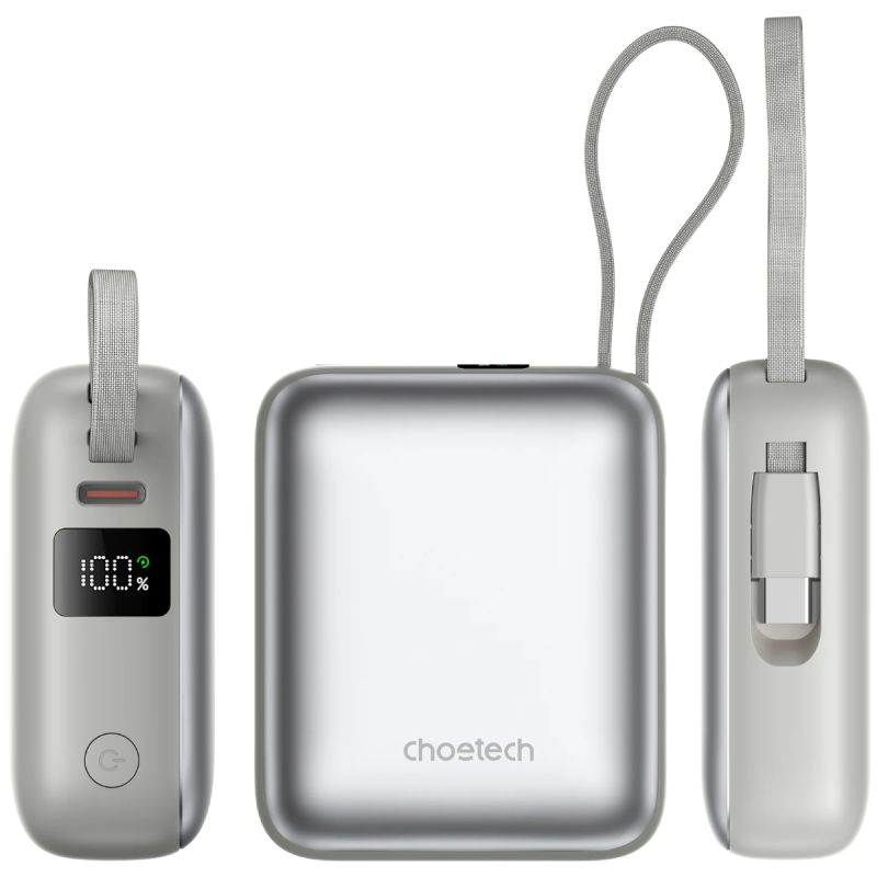 УМБ Choetech 10000mAh 35W PD3.0 USB-C In/Out, LED Display, with buid-in type-C cabel сіра (B832-GY)