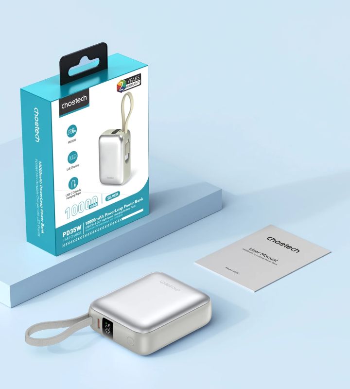 УМБ Choetech 10000mAh 35W PD3.0 USB-C In/Out, LED Display, with buid-in type-C cabel сіра (B832-GY)