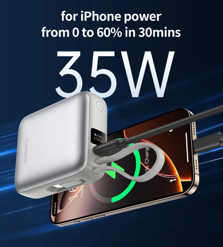 УМБ Choetech 10000mAh 35W PD3.0 USB-C In/Out, LED Display, with buid-in type-C cabel сіра (B832-GY)