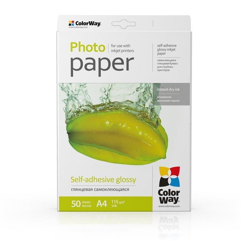 Фотобумага ColorWay глянцевая самоклеящаяся 115/80г/м2 A4 50 л. (PGS1158050A4)