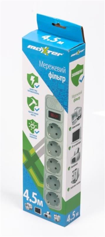 Фільтр живлення Maxxter 5 розеток 4.5м сірий (SPM5-G-15G)