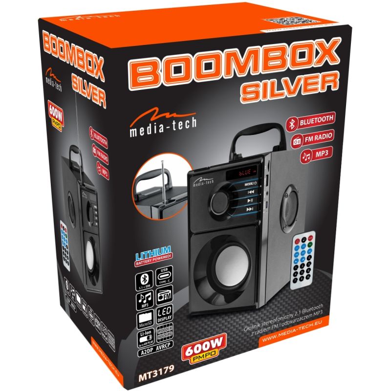 Акустична система 1.0 Media-Tech 15W, Bluetooth/FM/AUX/SD/USB/пульт/BOOMBOX, срібна мембрана, чорна (MT3179)