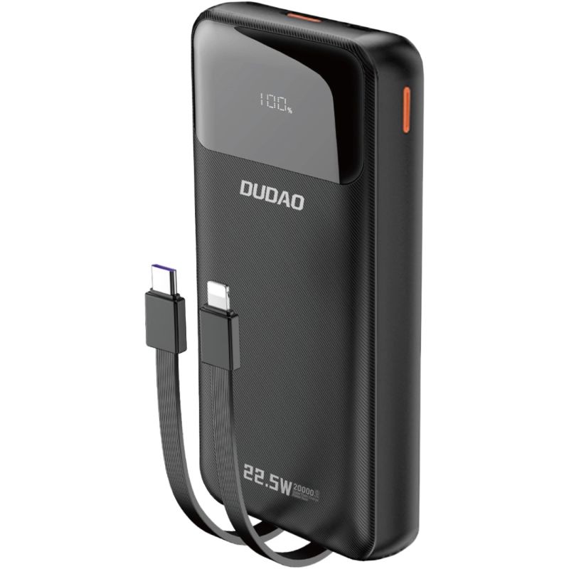 УМБ Dudao 20000mAh K15 Pro 22,5W PD USB-A,USB-C In/Out,with built-in USB-C/Lightning cables Black (6977196682430)