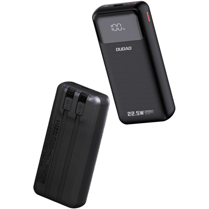 УМБ Dudao 20000mAh K15 Pro 22,5W PD USB-A,USB-C In/Out,with built-in USB-C/Lightning cables Black (6977196682430)
