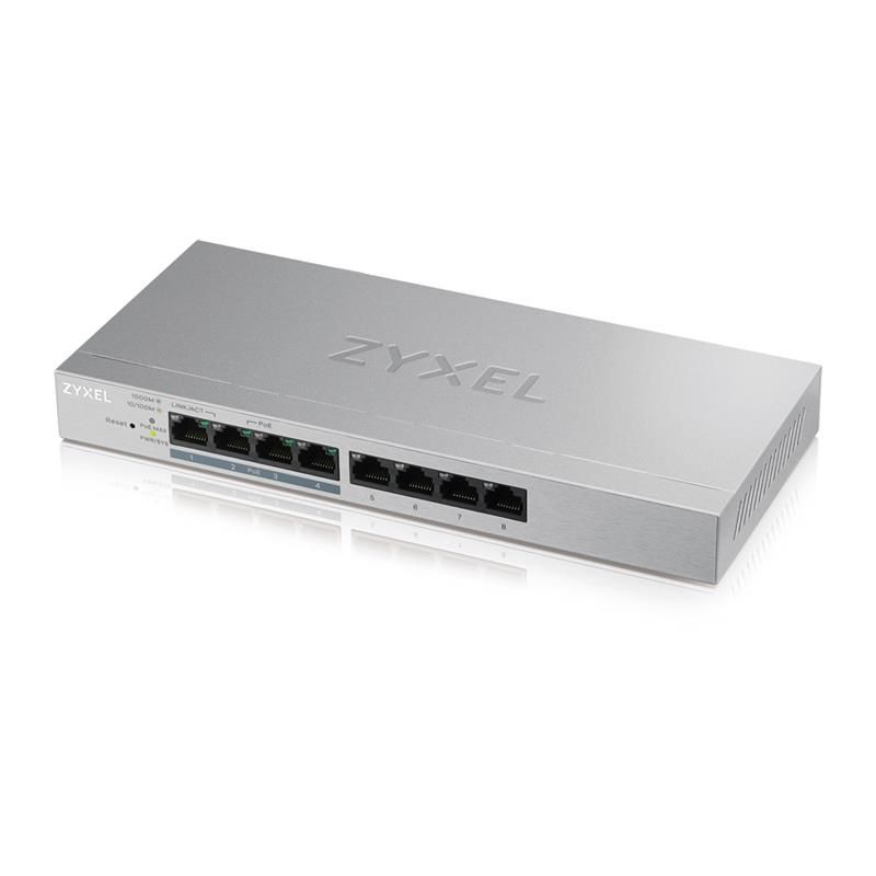 Коммутатор ZYXEL GS1200-8HP v2 (4xGE, 4xGE PoE, PoE 60W, металл, настольный, бесшумный, WebSmart) (GS1200-8HPV2-EU0101F)
