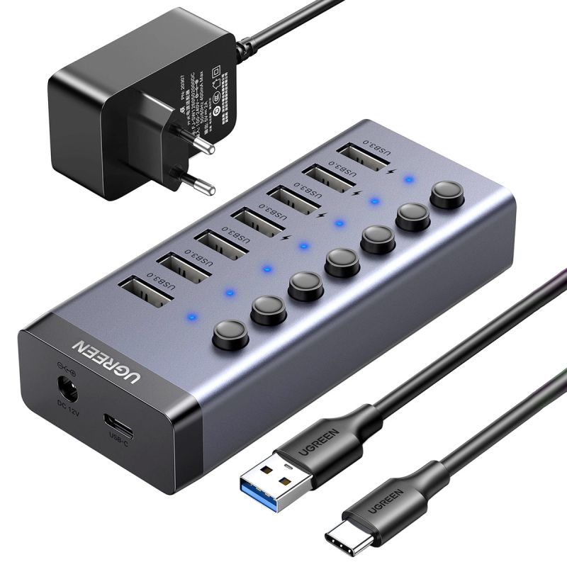 Хаб USB 3.0 -> USB to 7xUSB 3.0 з додатковим живленням Type-C  12V 2A CM481 Ugreen (90307)