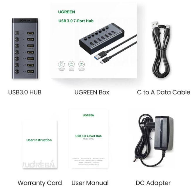 Хаб USB 3.0 -> USB to 7xUSB 3.0 з додатковим живленням Type-C  12V 2A CM481 Ugreen (90307)