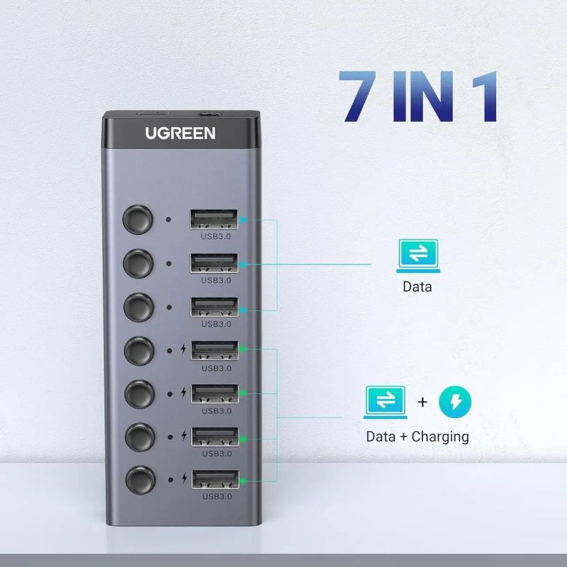 Хаб USB 3.0 -> USB to 7xUSB 3.0 з додатковим живленням Type-C  12V 2A CM481 Ugreen (90307)