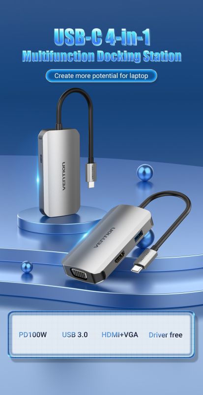 Док-станція USB3.1 Type-C --> HDMI 4K30Hz/VGA/USB 3.0/PD 100W Hub 4-in-1 Vention (TOAHB)