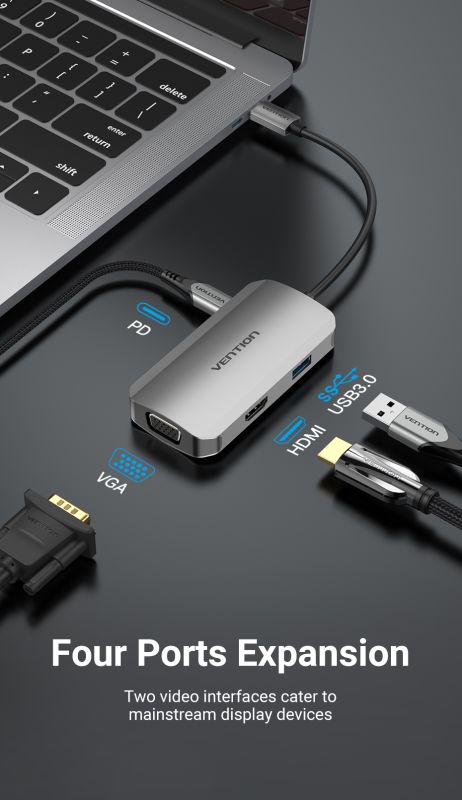Док-станція USB3.1 Type-C --> HDMI 4K30Hz/VGA/USB 3.0/PD 100W Hub 4-in-1 Vention (TOAHB)