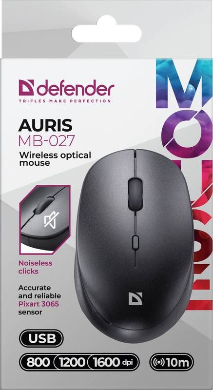 Мишка Defender Auris MB-027, бездротова, 3 кн. до 1600 dpi, безшумна, чорна (52027)