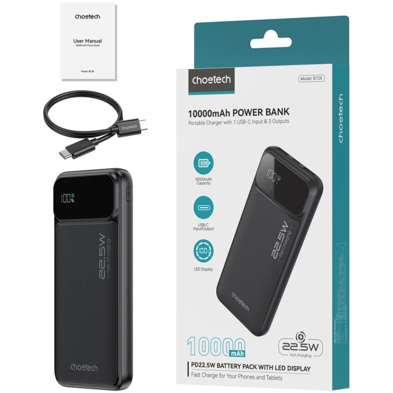 УМБ Choetech 10000mAh 22.5W PD,QC3.0 2USB-A+USB-C Black (B728-CCBK)