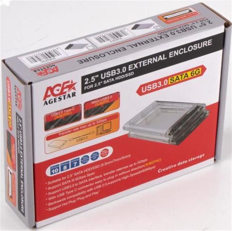 Внешний карман USB3.0 для HDD/SSD SATA 2.5" AgeStar Transparent (3UB2P4)