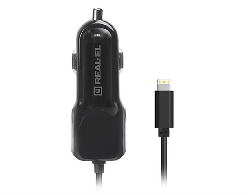 Автомобільний зарядний пристрій REAL-EL CA-17 (2USB, 2.1A) Black + кабель Lightning (EL123160010)