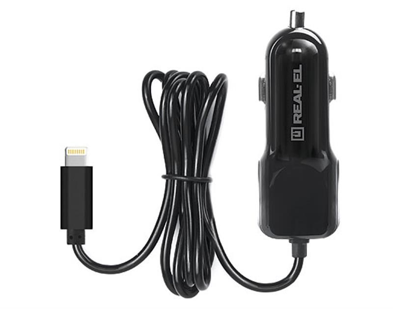 Автомобільний зарядний пристрій REAL-EL CA-17 (2USB, 2.1A) Black + кабель Lightning (EL123160010)
