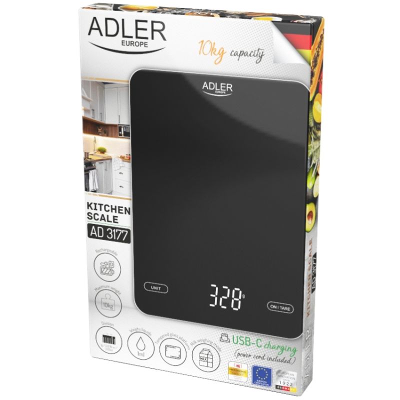 Ваги кухонні Adler AD 3177 black електронні/ 10кг/ г; мл, унція/ USB type C/ автовимкнення/ скло (AD3177B)