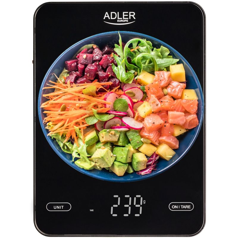Ваги кухонні Adler AD 3177 black електронні/ 10кг/ г; мл, унція/ USB type C/ автовимкнення/ скло (AD3177B)