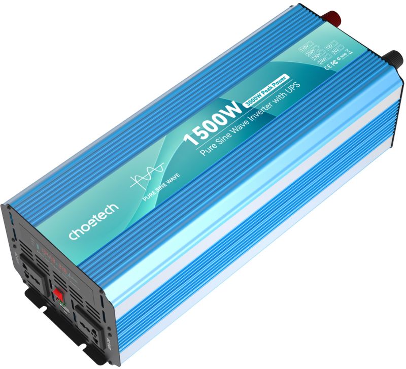 Інвертор Choetech з зарядкою, функція ДБЖ 12220V 1500Вт, LiFePO₄/Li-ion/AGM/GEL, чиста синусоїда (INV-C1500WUPS-EU)