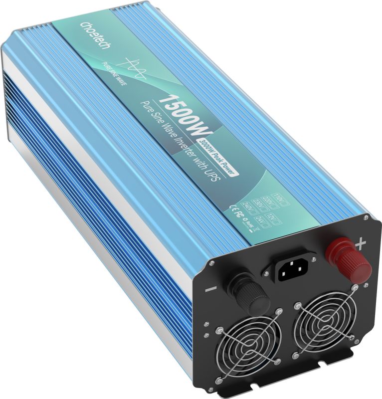 Інвертор Choetech з зарядкою, функція ДБЖ 12220V 1500Вт, LiFePO₄/Li-ion/AGM/GEL, чиста синусоїда (INV-C1500WUPS-EU)