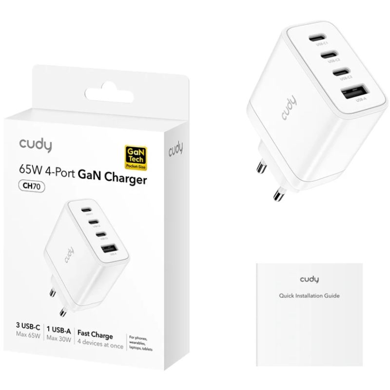 Зарядний пристрій 4xUSB 65W, (GaN, 1хUSB-C, QC+PD 3.0, вилка ЄС, для iPhone 12) , Cudy (CH70)