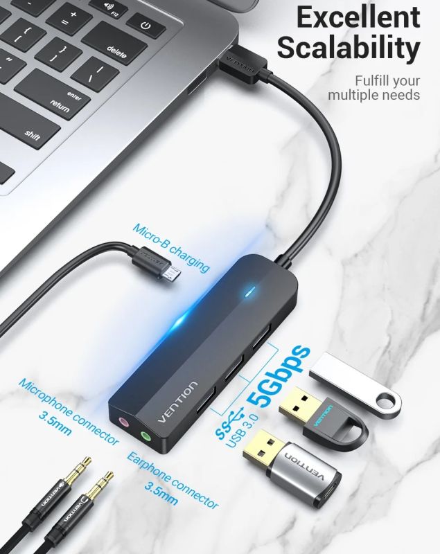 Док станція USB3.0 --> USBx3,3.0/2хTRS Audio/USB MicroUSB 10W, 1.0 м. Vention (CHIBF)