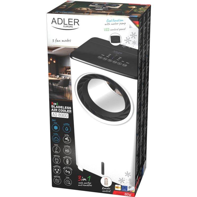 Вентилятор Adler AD 8900 безлопатевий/ 80Вт/ резервуар 4л/ таймер/ пульт ДУ/ зволоження (AD8900)