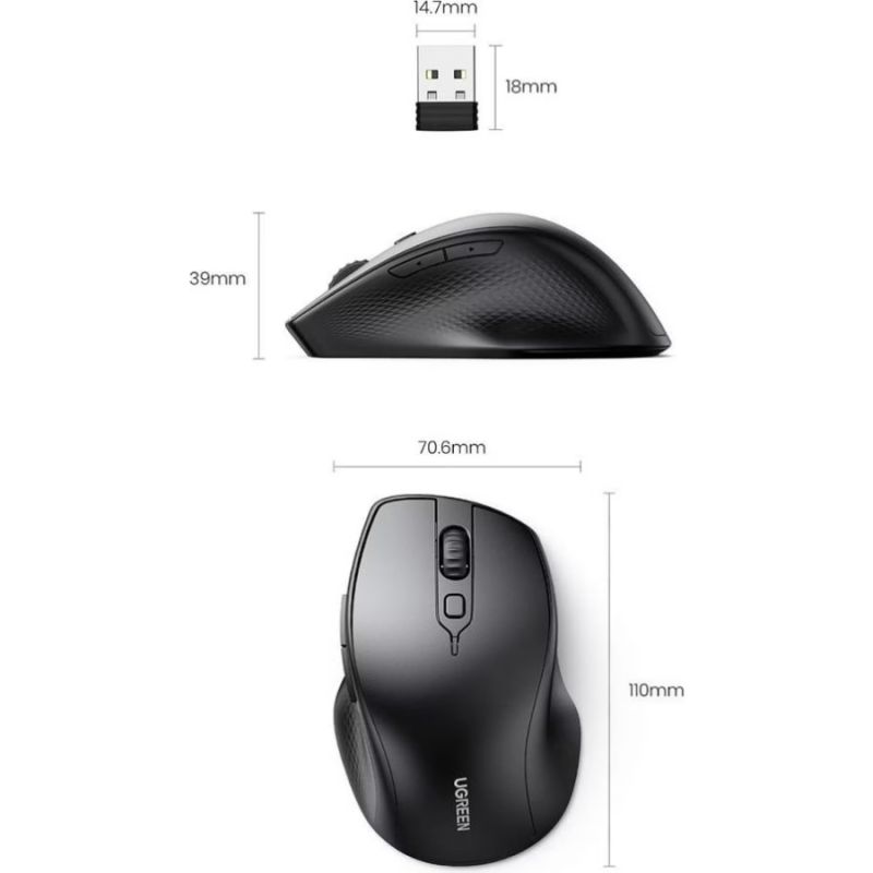 Мишка UGREEN 2.4GHz+Bluetooth MU101, бездротова, 4000dpi., 5кн., чорна (90395)