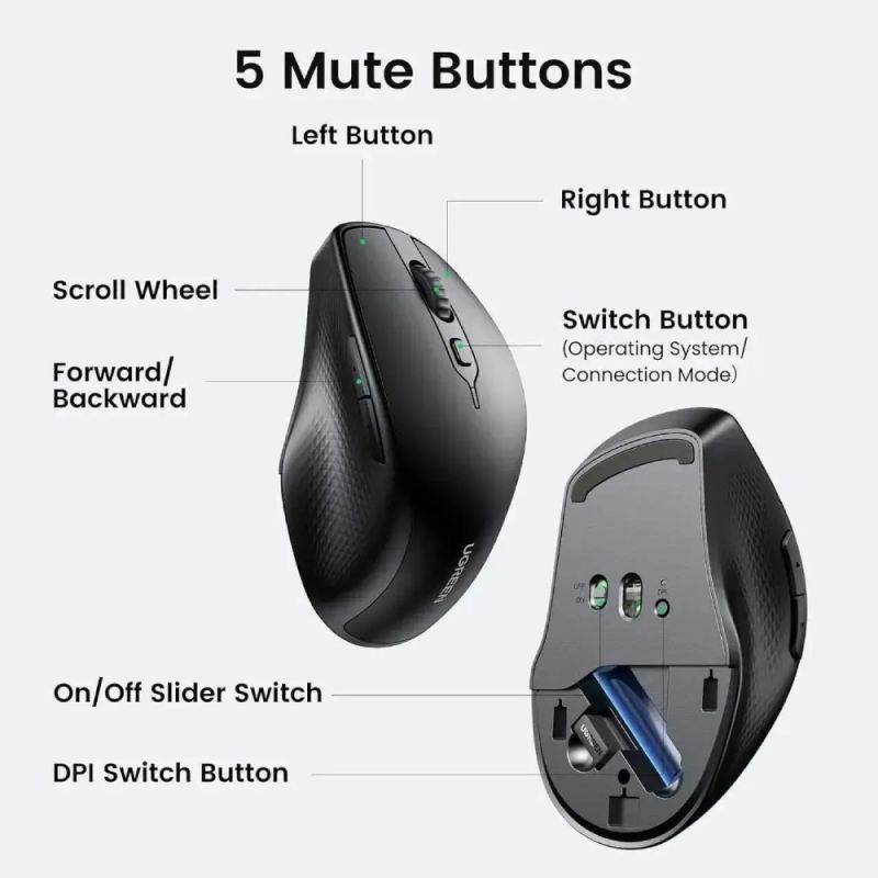 Мишка UGREEN 2.4GHz+Bluetooth MU101, бездротова, 4000dpi., 5кн., чорна (90395)