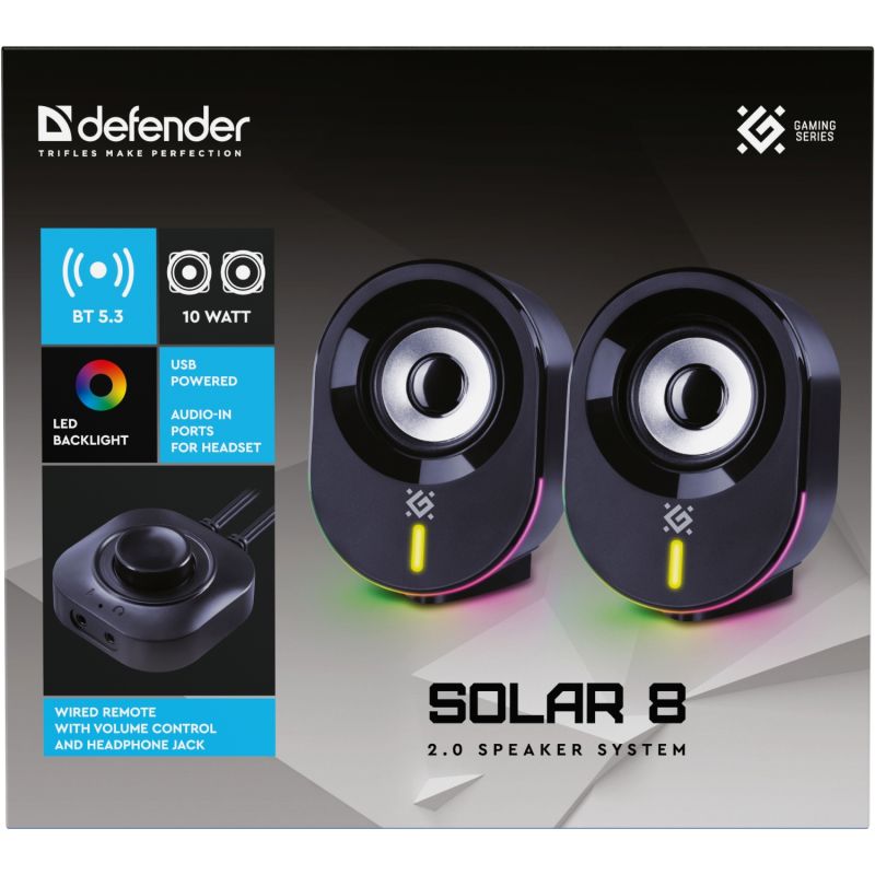 Акустична система 2.0 Defender Solar 8, 10Вт, Bluetooth, RGB підсвітка, USB, чорна (65938)