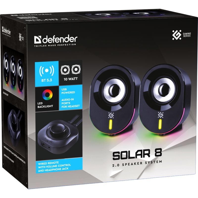 Акустична система 2.0 Defender Solar 8, 10Вт, Bluetooth, RGB підсвітка, USB, чорна (65938)